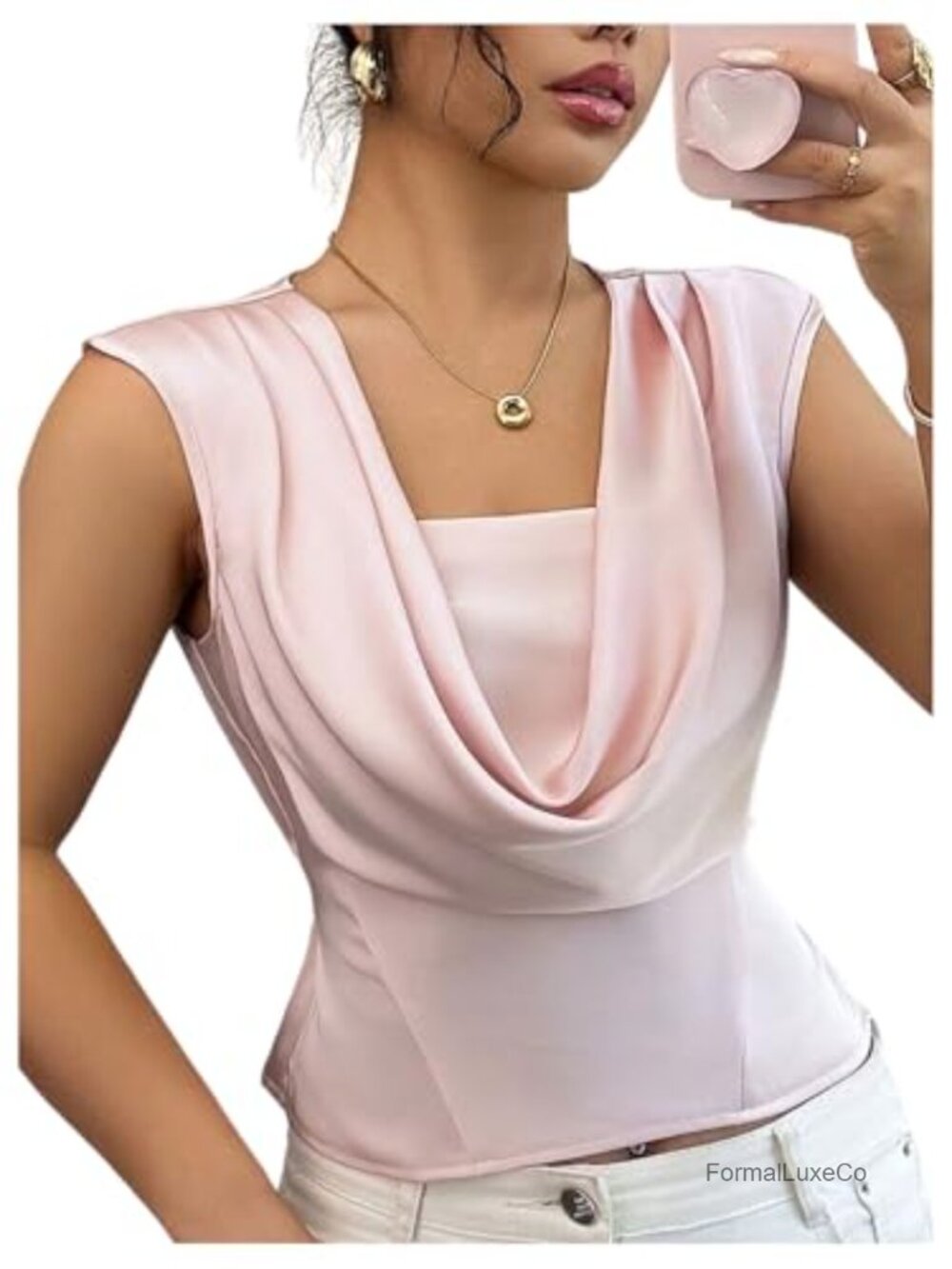 Satin Sleeveless Cowl Neck Draped Ruched Tie Back Cinched Waist Blouse